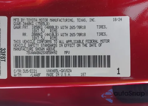 2025 Toyota Sequoia Sr5 from USA, damaged, VIN 7SVAAABA2SX050492